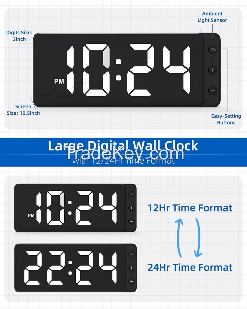 Wall Clock - LED Digital Wall Clock with Large Display, Big Digits, Auto-Dimming, Anti-Reflective Surface, 12/24Hr Format, Small Silent Wall Clock for Living Room, Bedroom, Farmhouse, Kitchen, Office-F0789White