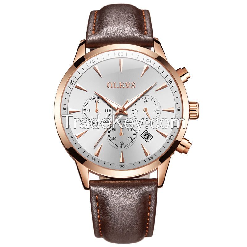 Olevs 2860 Newest Luxury Multi-Function  3Eyes Man&#039;s Leather Quartz Watches  Business Simple Easy Matching Apparel Watches