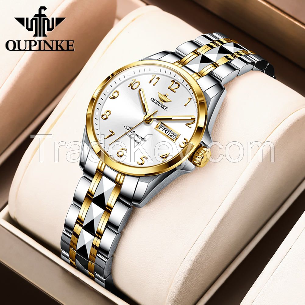 Oupinke 3175 Fashion Skeleton Sapphire Diamonds Crystal Luxury Brand  Women Mechanical Watch Elegant Ladies Watch