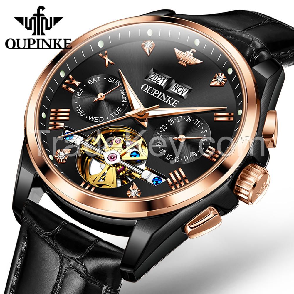 Oupinke 3186 Men Watch Tourbillon Automatic Mechanical Watch Brand Luxury Genuine Leather Sport Watches Mens Relogio Masculino