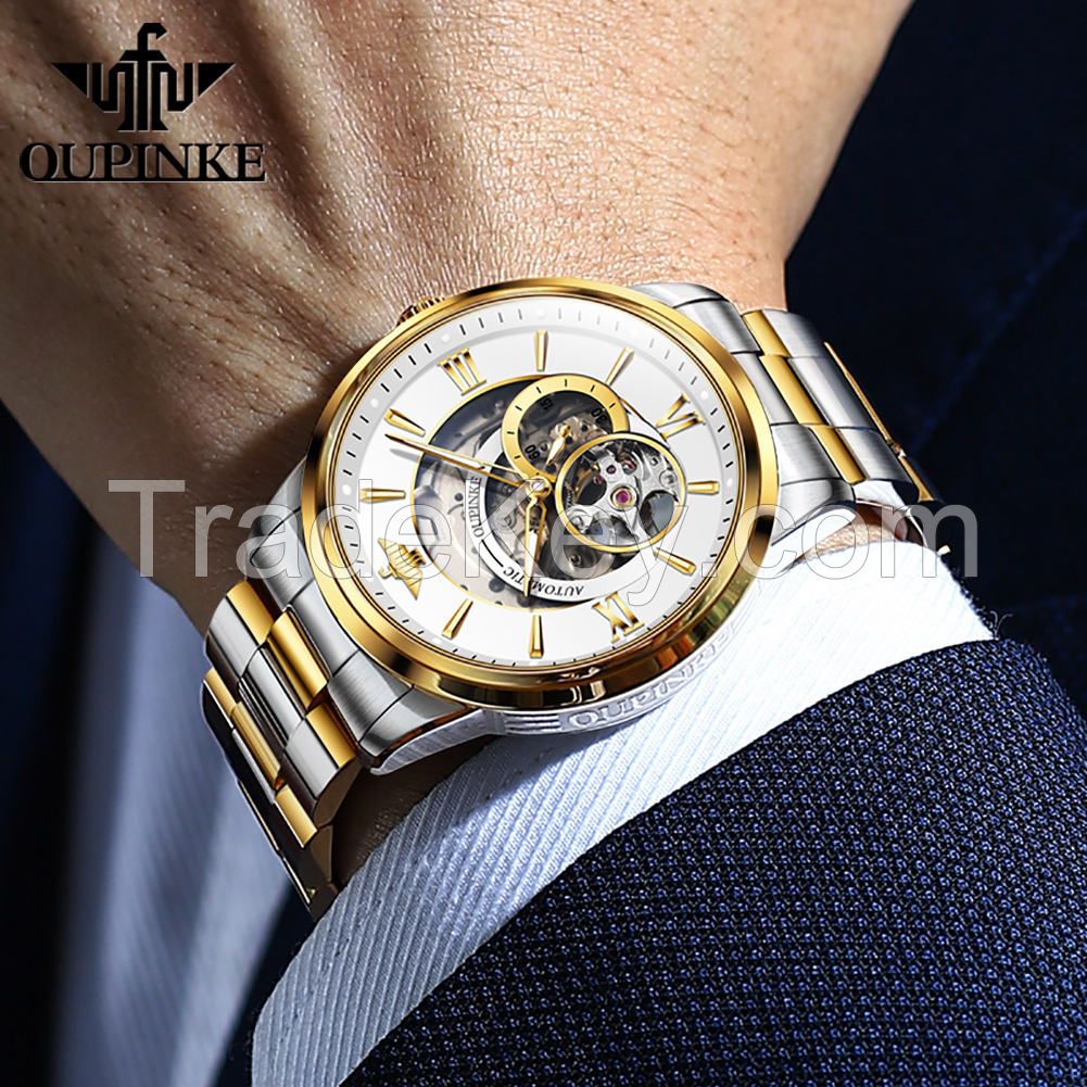 OUPINKE 3190 Top Brand Luxury Mens Mechanical Wristwatch Automatic Watch Classic Skeleton Sapphire Waterproof Clock