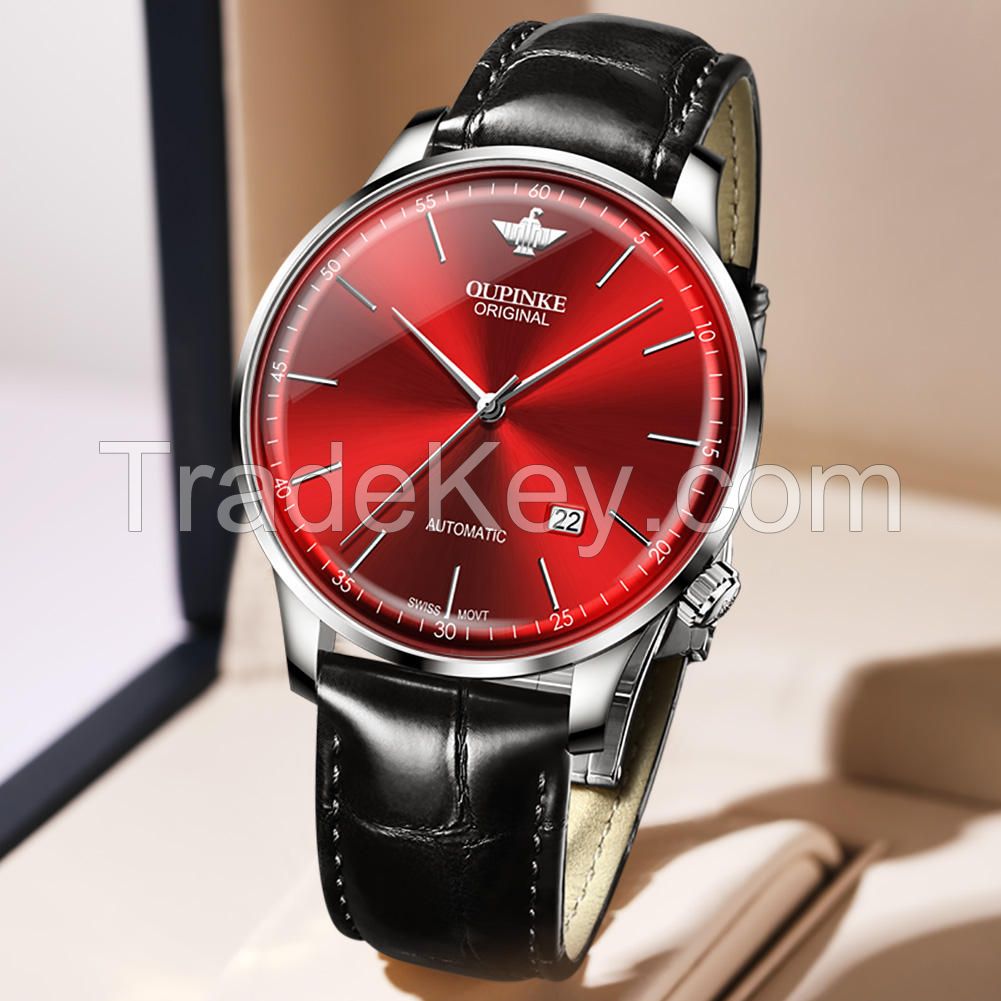 Oupinke 3269 Imported Mechanical Movement Boss Men Wrist Luxury Automatic Genuine Leather Watches