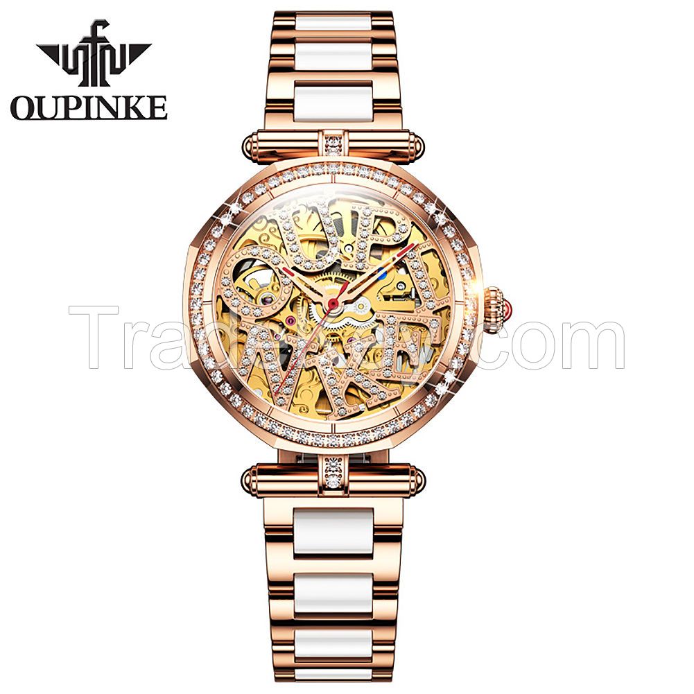 Oupinke 3175 Fashion Skeleton Sapphire Diamonds Crystal Luxury Brand  Women Mechanical Watch Elegant Ladies Watch