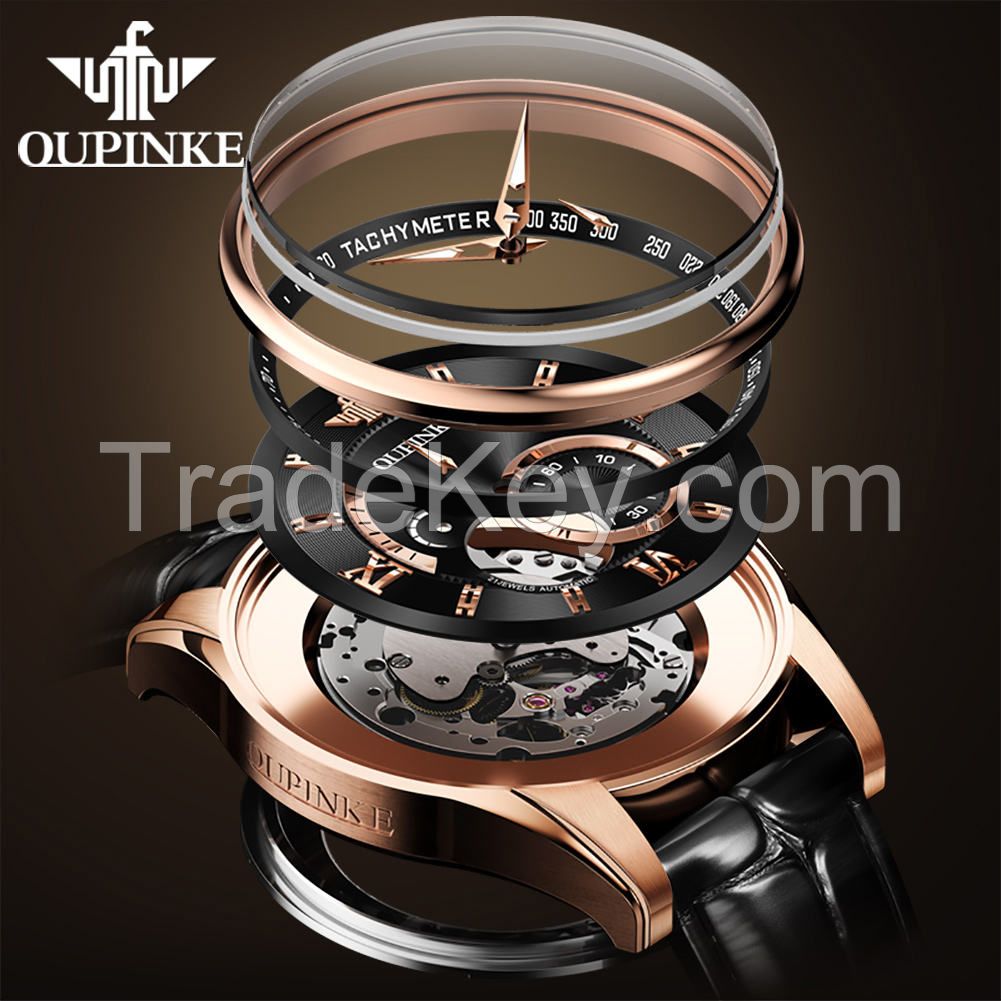 OUPINKE 3222 oem custom skeleton  luxury watch Tourbillon Stainless steel Automatic mechanical mens wrist watch