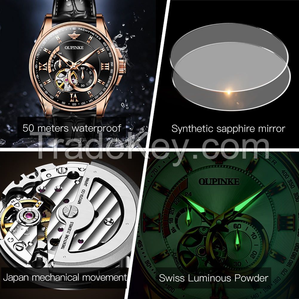 OUPINKE 3222 oem custom skeleton  luxury watch Tourbillon Stainless steel Automatic mechanical mens wrist watch