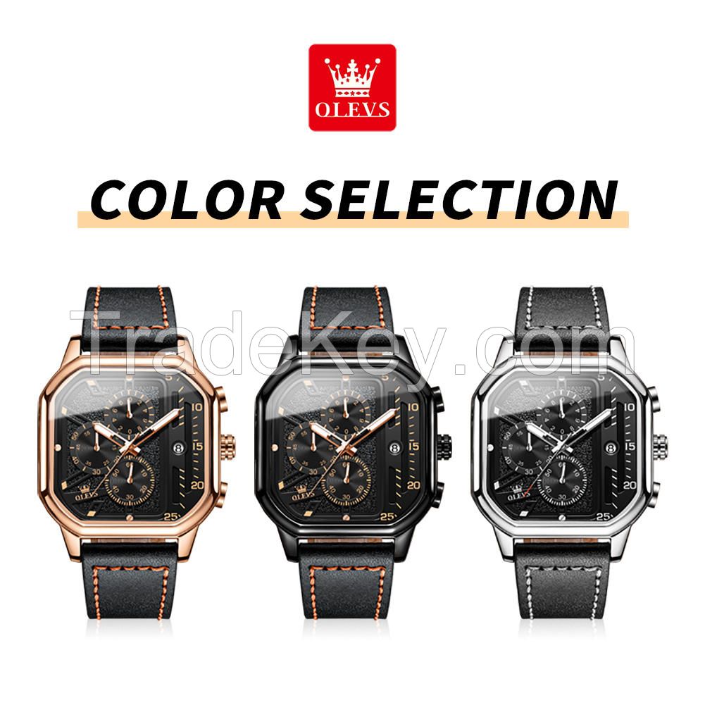 OLEVS 9950 Men Watches Square quartz Watch For Men Clock Genuine Leather Waterproof quartz Wristwatch