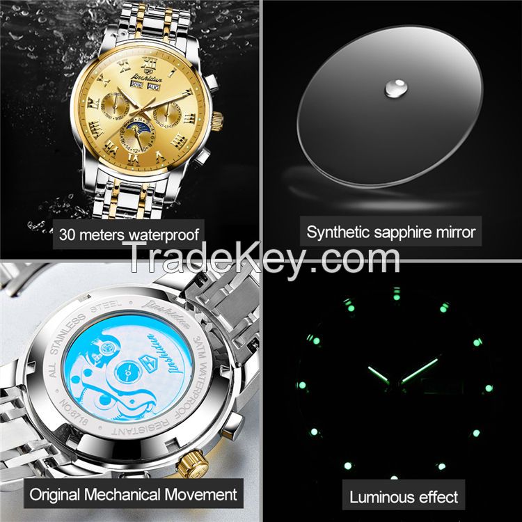 JSDUN8718couple Factory Sale Luxury Round Original Movement Stainless Steel Waterproof Coated Glass Mechanical Watch