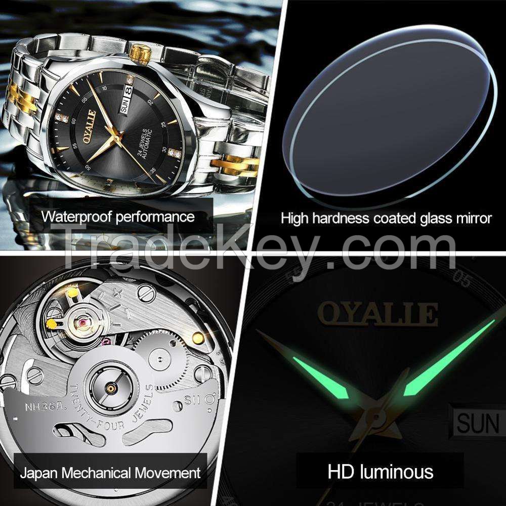 OYALIE 9789 Men Watch Fashion Men Business Stainless Steel Band Watch Date Water Resistant Mechanical Watch Luxury Men Clock