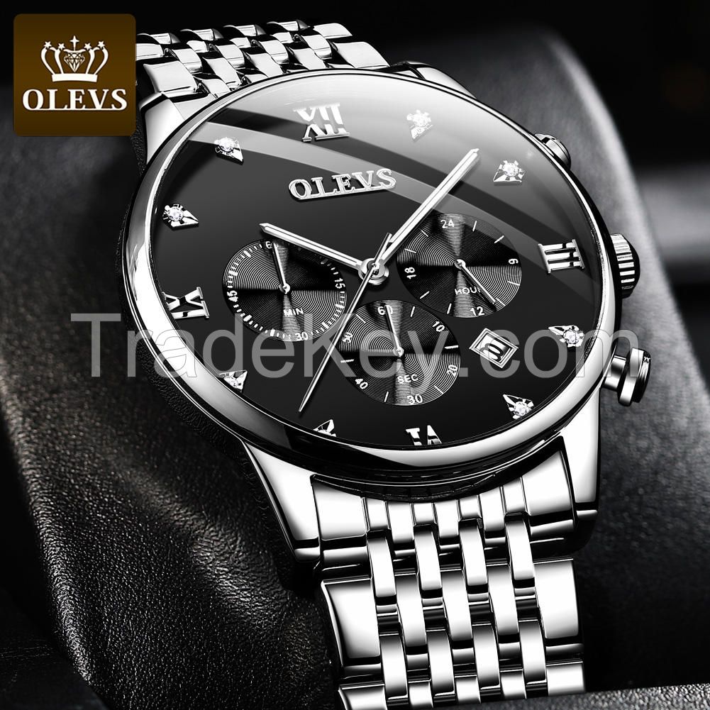 OLEVS brand watch business sports fashion style quartz core watch stainless steel waterproof real three-eye men&#039;s watch