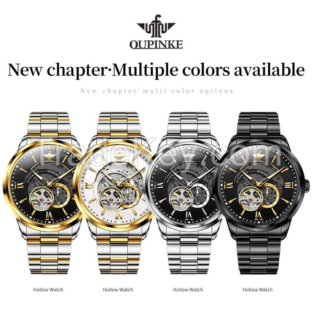 OUPINKE 3190 Top Brand Luxury Mens Mechanical Wristwatch Automatic Watch Classic Skeleton Sapphire Waterproof Clock