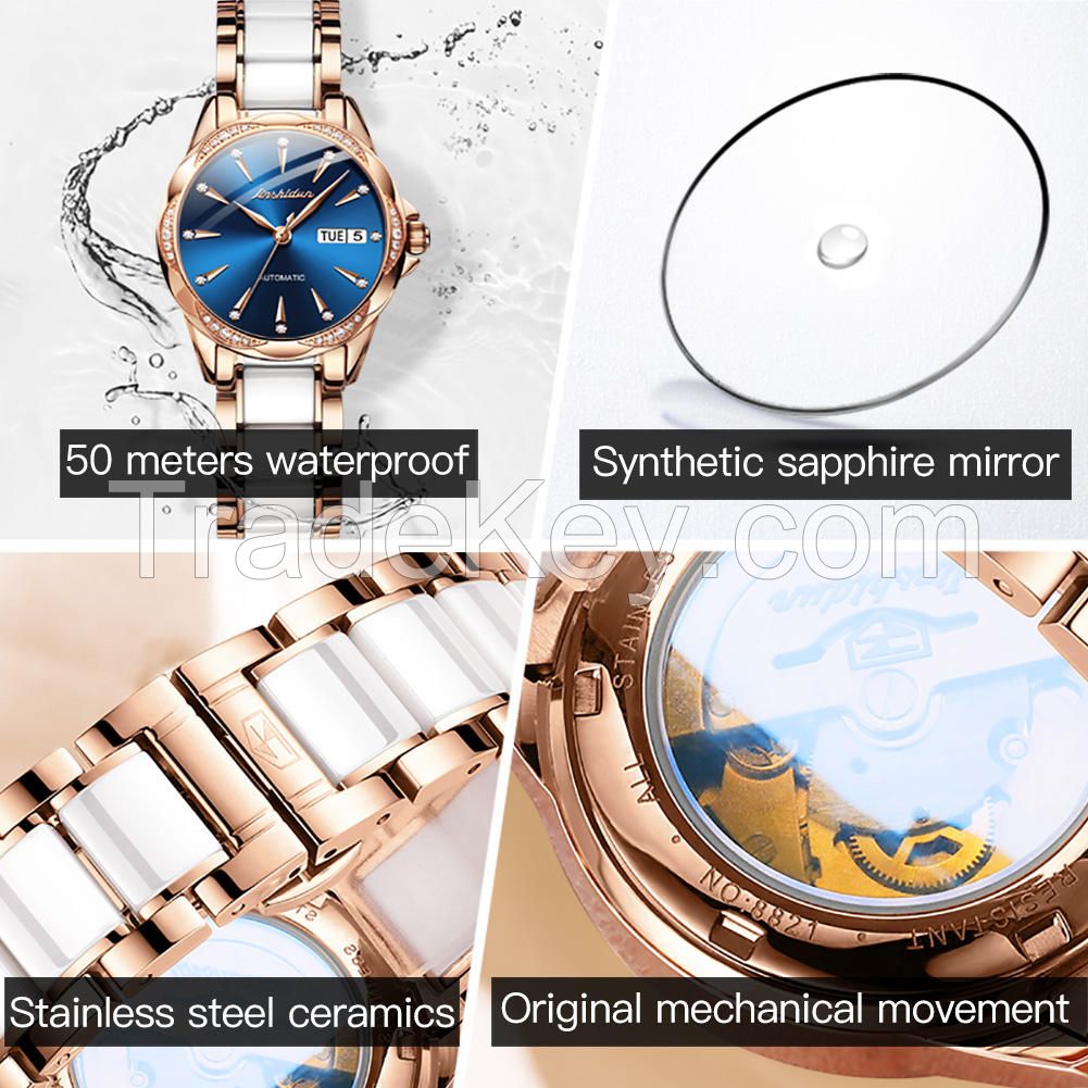 JSDUN 8821original brand Ceramic stainless steel jewelry diamond fashion watch women wrist luxury ladies mechanical wrist watch