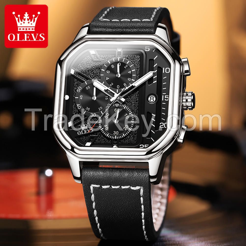 OLEVS 9950 Men Watches Square quartz Watch For Men Clock Genuine Leather Waterproof quartz Wristwatch