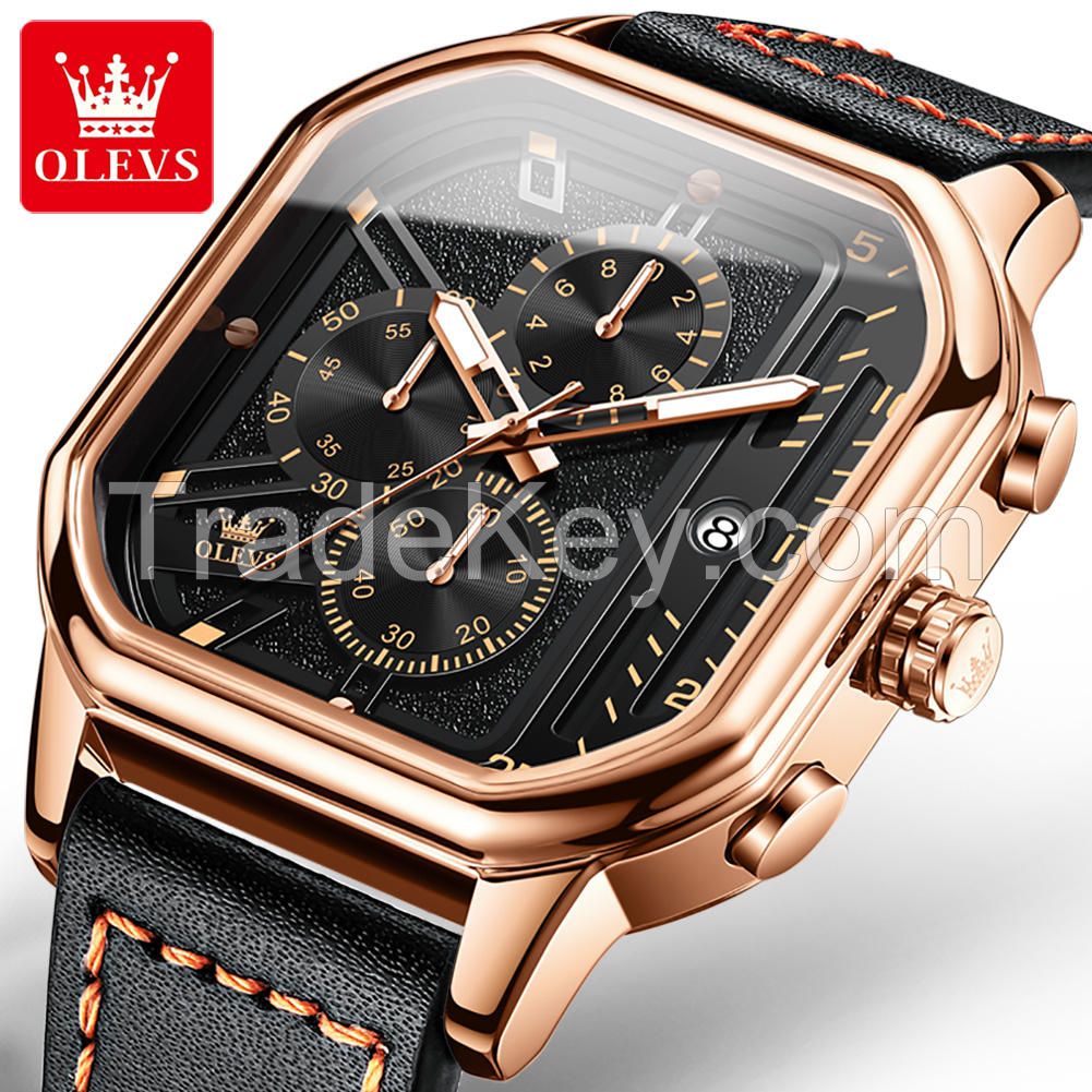 OLEVS 9950 Men Watches Square quartz Watch For Men Clock Genuine Leather Waterproof quartz Wristwatch