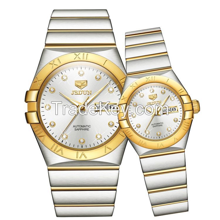 JSDUN8848couple Manufacturer Wholesale Imported Movement Stainless Steel Stylish Round Coated Glass Waterproof Mechanical Watch