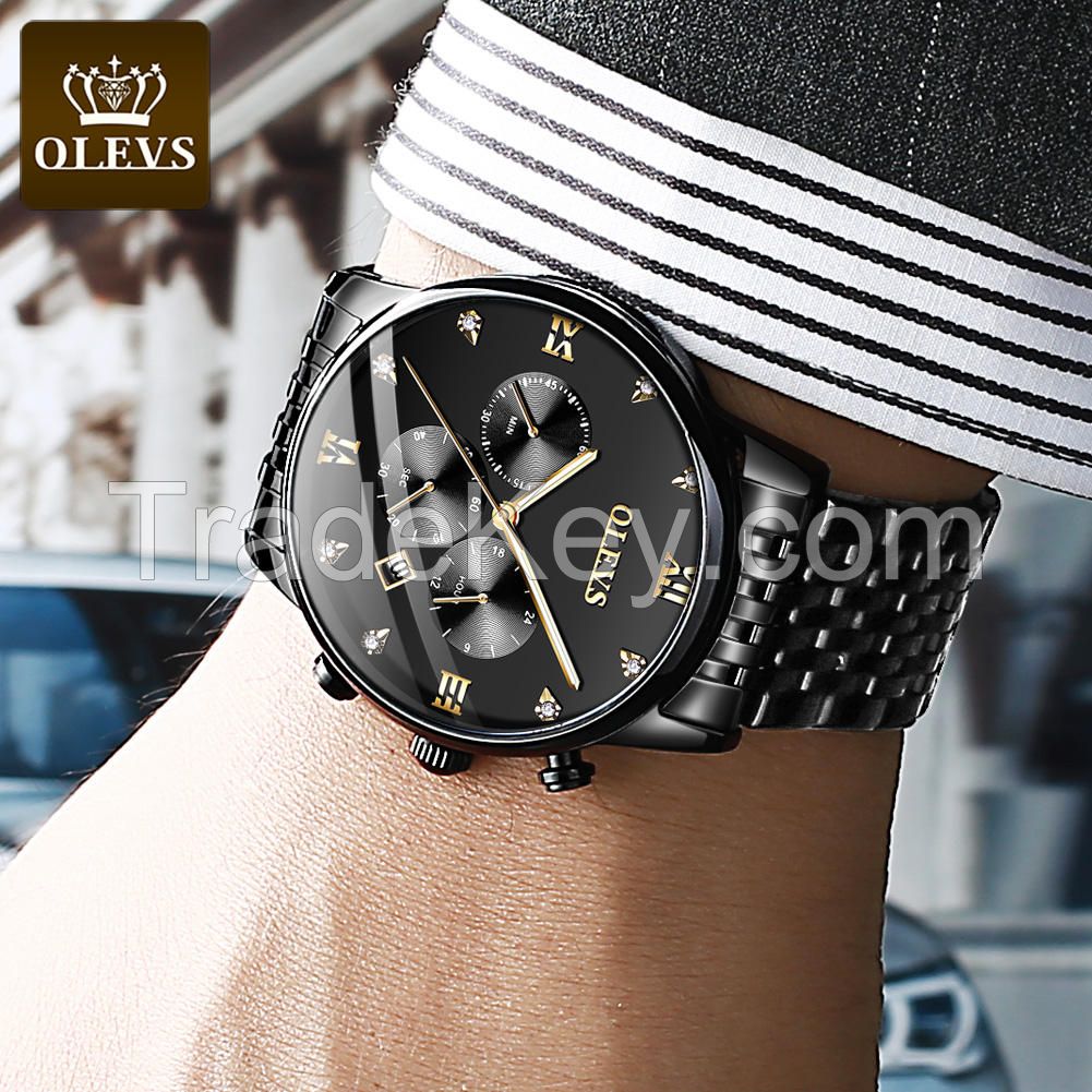 OLEVS brand watch business sports fashion style quartz core watch stainless steel waterproof real three-eye men&#039;s watch