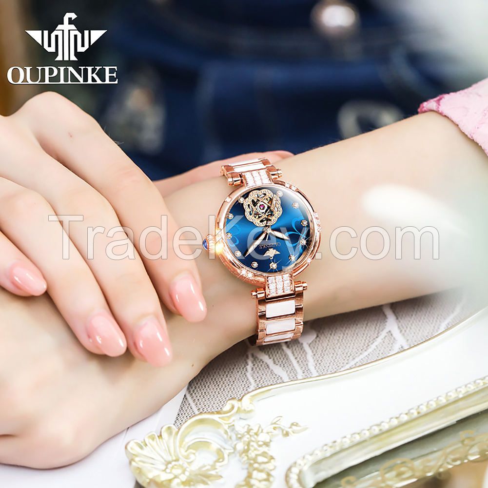 oupinke 3183  Fashion Luxury Brand Skeleton Sapphire Crystal Women Mechanical Watch  Elegant Ladies Watch