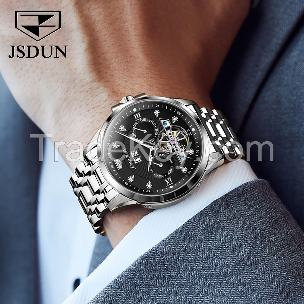 JSDUN 8911oem  Luxury waterproof classic Luminous stainless steel Tourbillon Automatic mechanical watch mens wrist watch