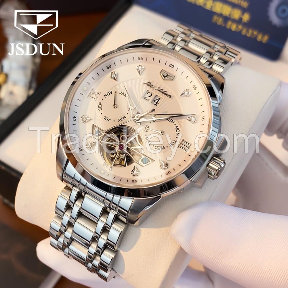 JSDUN 8911oem  Luxury waterproof classic Luminous stainless steel Tourbillon Automatic mechanical watch mens wrist watch