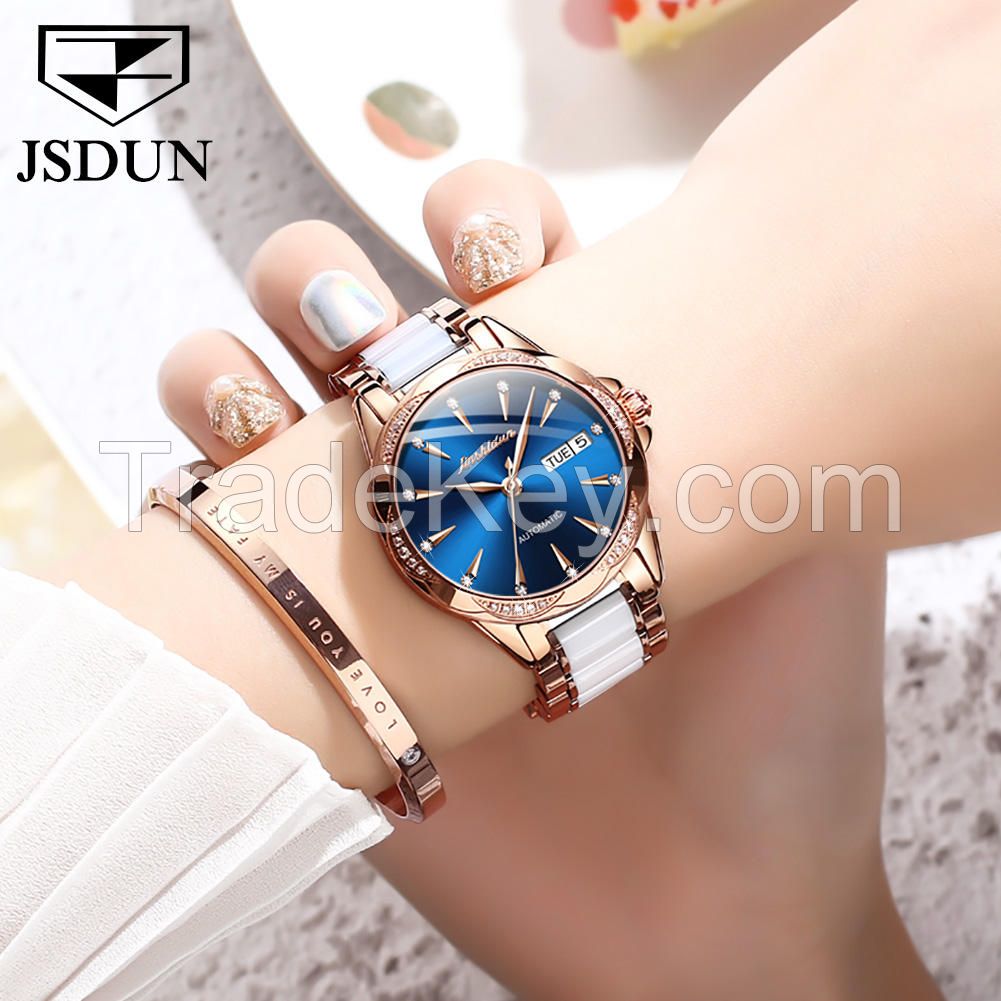 JSDUN 8821original brand Ceramic stainless steel jewelry diamond fashion watch women wrist luxury ladies mechanical wrist watch