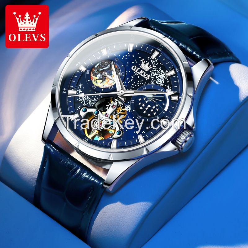 OLEVS 6671 Mechanical Wrist Watch Fashion Blue Dial Stainless Steel High Quality Watches Unique Men