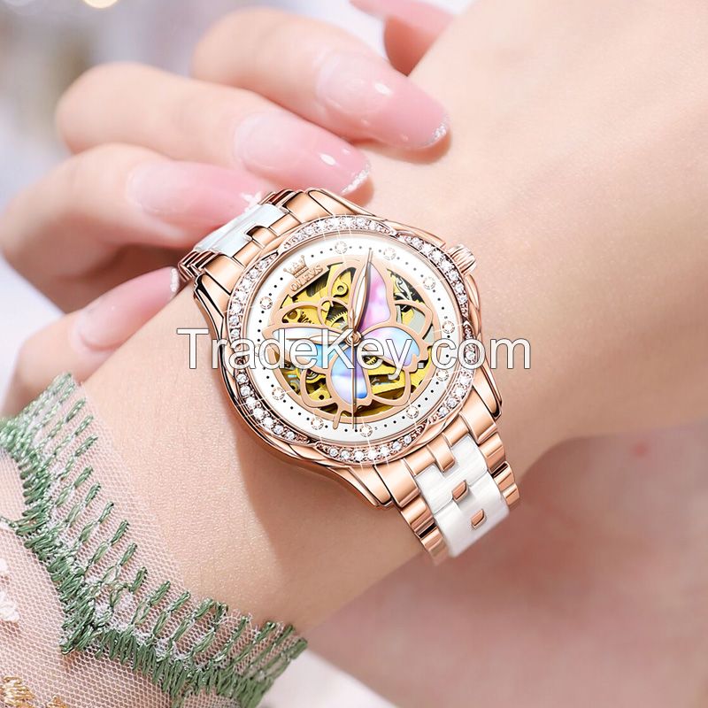 OLEVS 6615 Butterfly pattern Lady Watch With Rose Gold Watch Strap Fashionable Elegant Ceramic Watch women