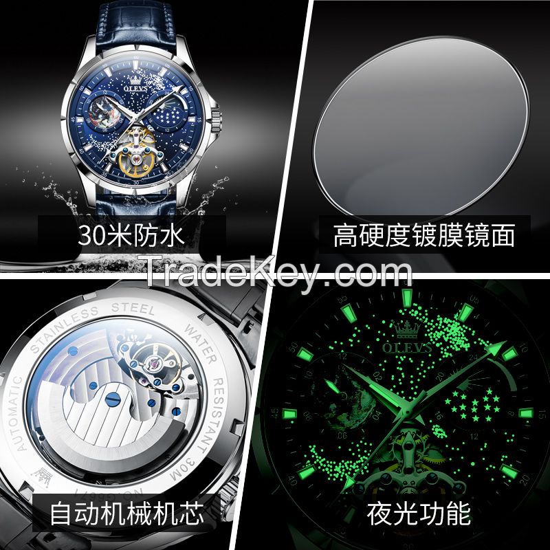 OLEVS 6671 Mechanical Wrist Watch Fashion Blue Dial Stainless Steel High Quality Watches Unique Men