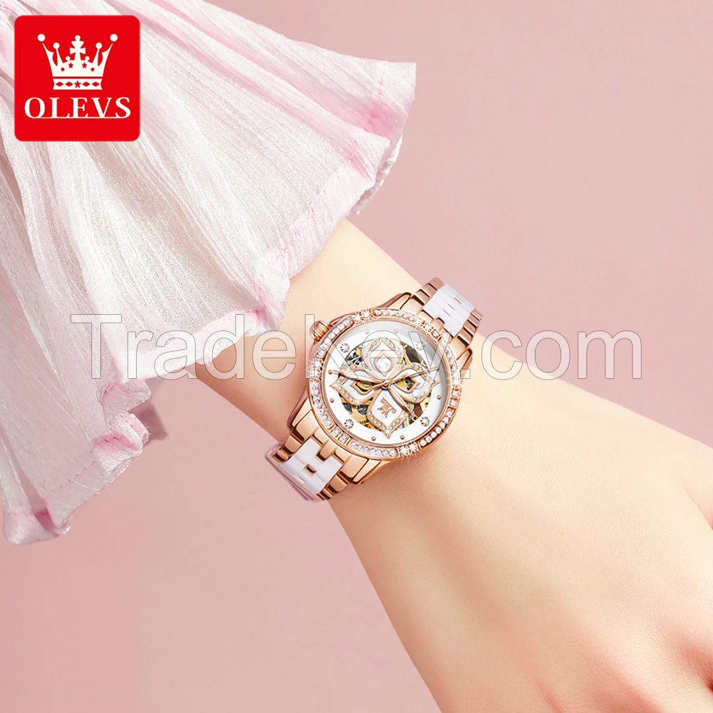 OLEVS 6612 Factory Direct Sales Customized Women's Mechanical Watch Coated Glass Genuine Leather Watch Automatic Women's Watch