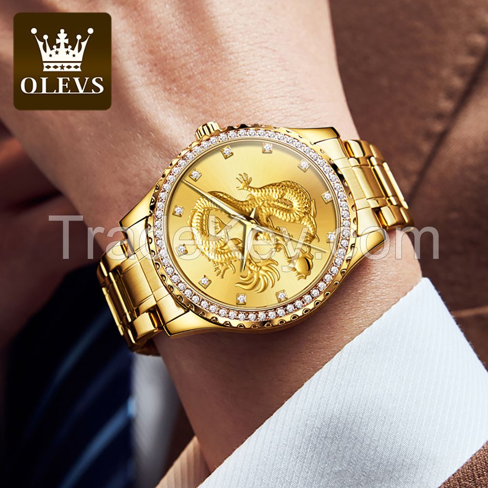 OLEVS 5515 luxury men watch golden dragon watch stainless steel back cover quartz diamond watches