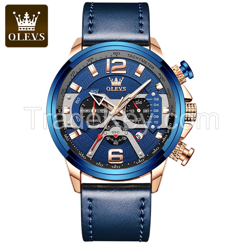 OLEVS 9915 Casual Sport Watches for Men Blue Luxury  Leather  Man Clock Fashion Chronograph Quartz WristWatch