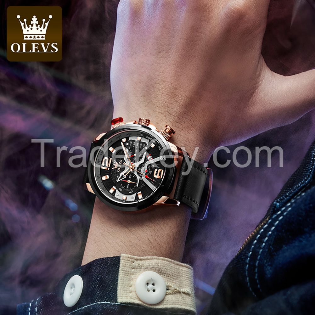 OLEVS 9915 Casual Sport Watches for Men Blue Luxury  Leather  Man Clock Fashion Chronograph Quartz WristWatch