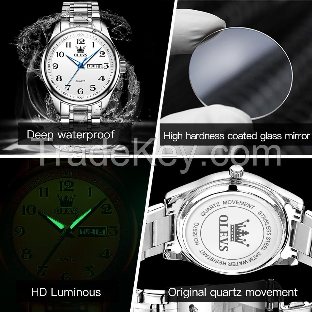 OLEVS 5567 Men's Watch Luxury Brand Quartz Watch Couple OEM LOGO Low Price Clock Stainless Steel Digital Date Clock