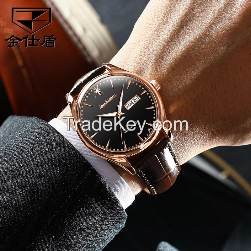 JSDUN 8843 black mechanical men watches calendar moon phase stainless steel strap business dress sport wristwatch