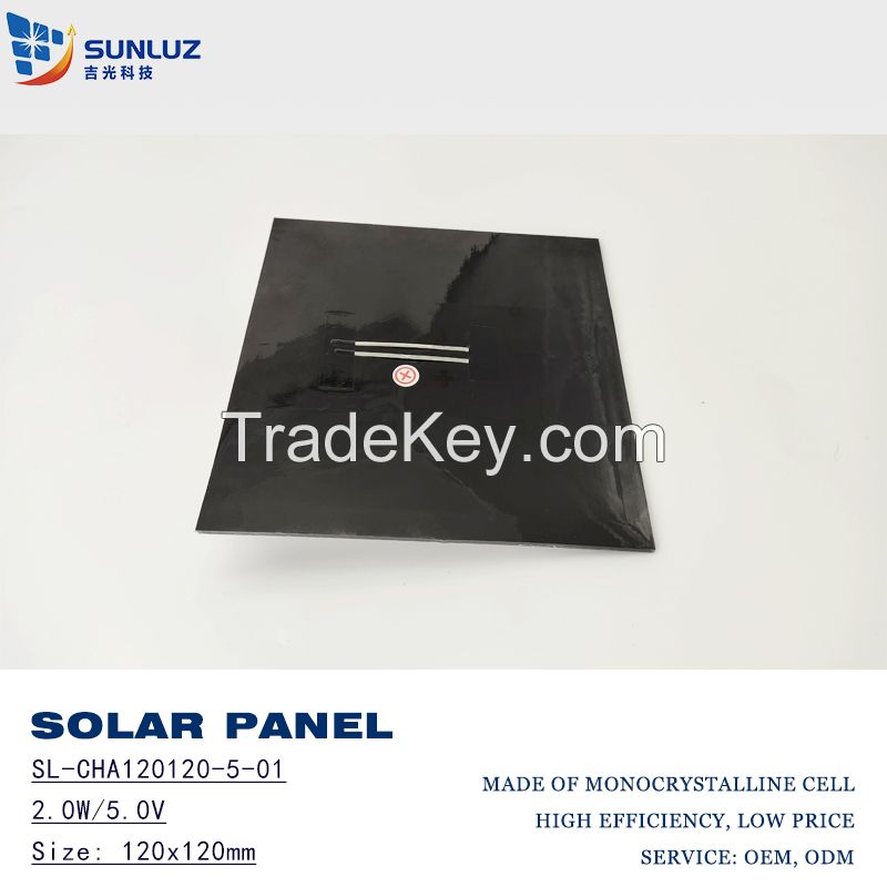 Glass solar panel, 2.0W 5V, 120X120mm, Monocrystalline solar cell