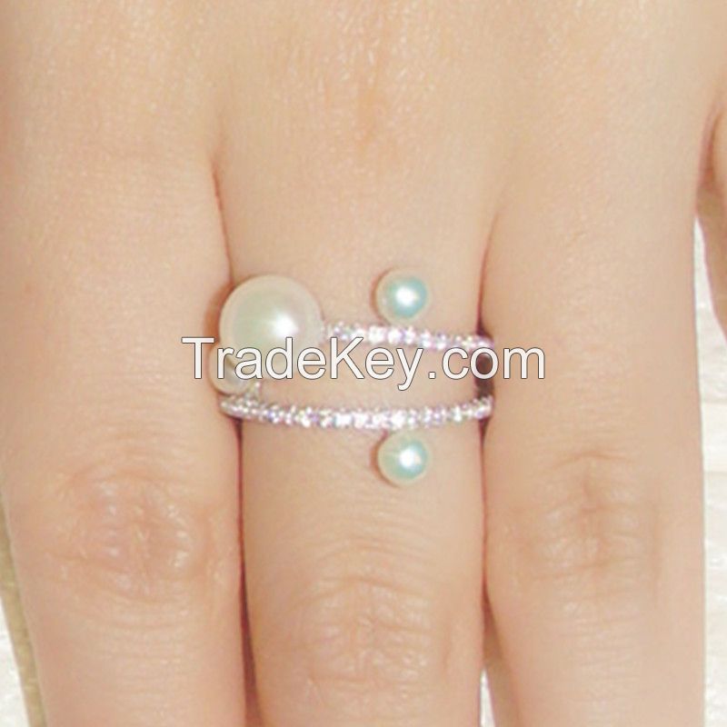 S925 Sterling Silver Ring with Crystal Diamond Pearl Ring