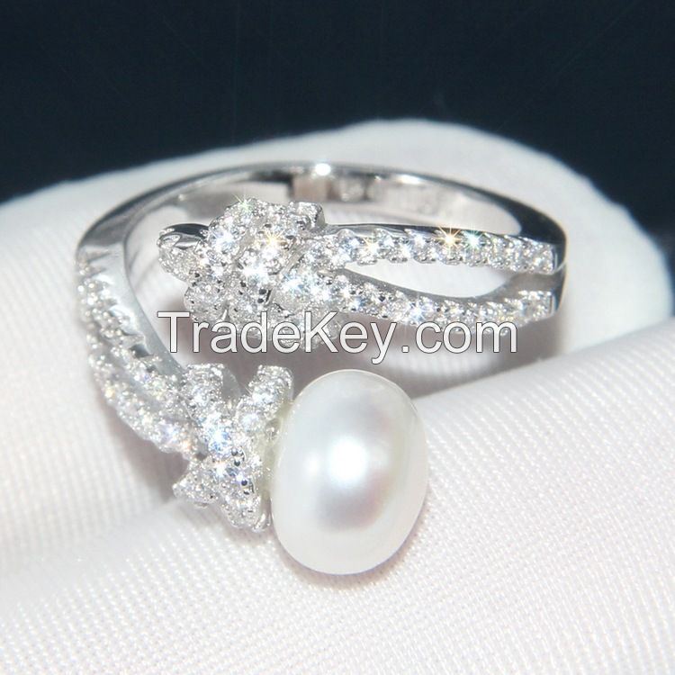 S925 Sterling Silver Ring Women&#039;s Diamond Pearl Knot Ring