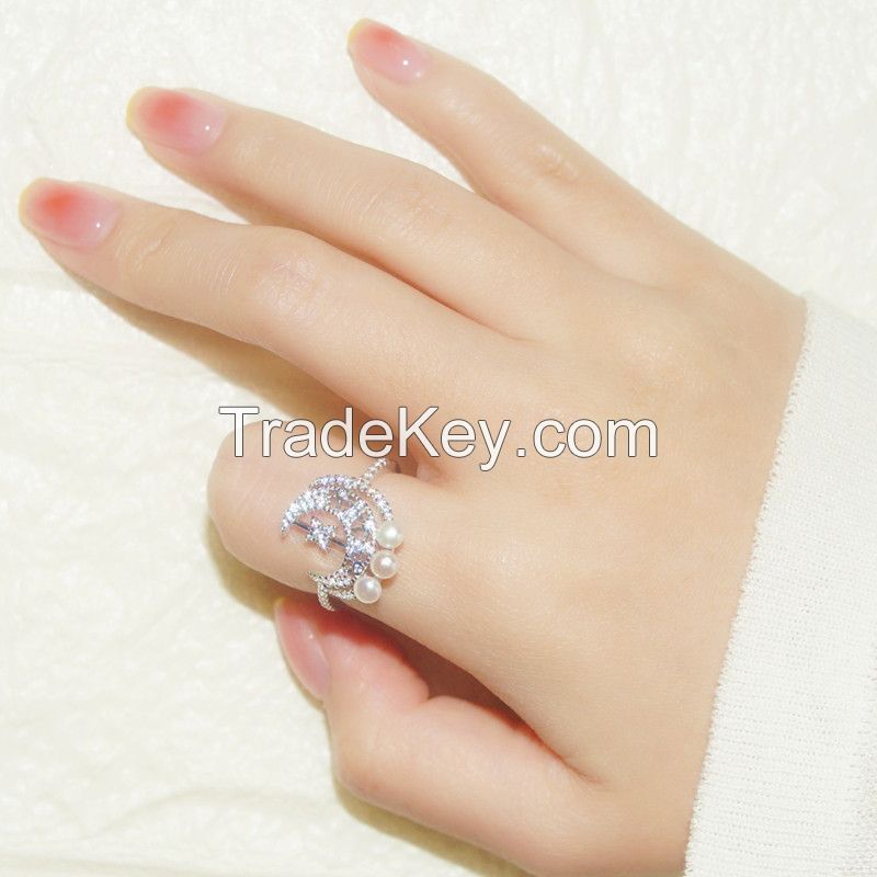 S925 Sterling Silver Ring Diamond Pearl Moon Ring