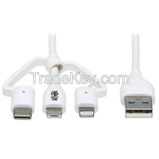 USB A Male Plug to Micro USB B Male, USB C Male, and i5 Lightning Connector White Round Unshielded