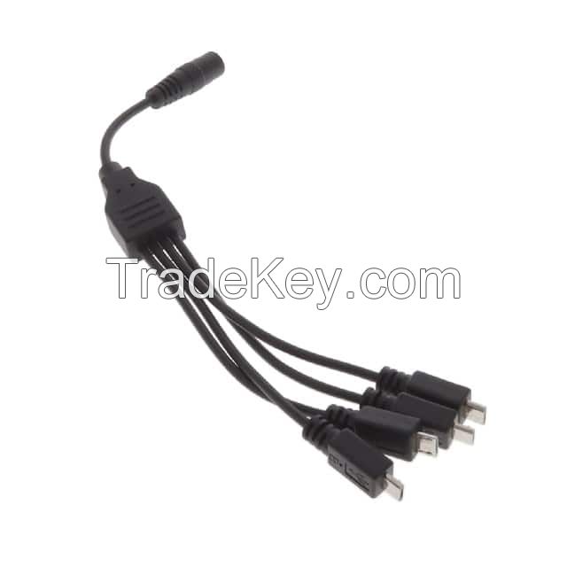 Barrel Jack - 2.1mm ID, 5.5mm OD to USB Micro B Male Plug (4) Black Round Shielded