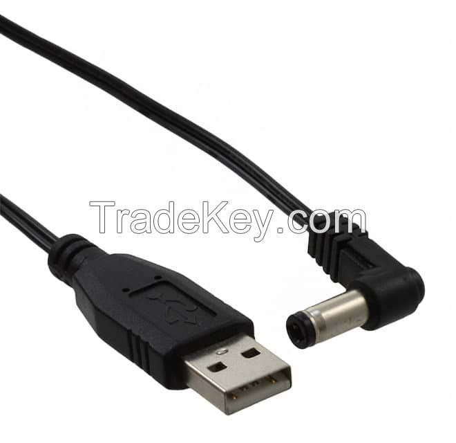 Barrel Plug, Right Angle - 2.5mm ID, 5.5mm OD to USB A Male Plug Black Flat Unshielded