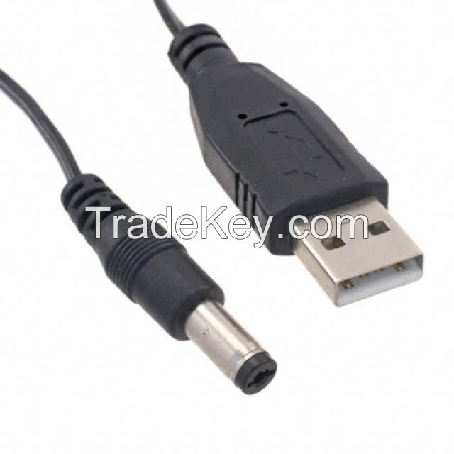 Barrel Plug - 2.1mm ID, 5.5mm OD to USB A Male Plug Black Flat Unshielded