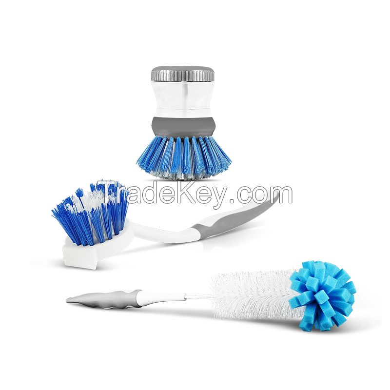 Plastic pot dish cleaning brush kitchen dish brush with liquid soap dispenser bottle brush