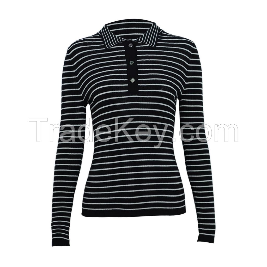 Trendy Style Fine Knit 16G Classic-Fit Polo-Collar Striped Button Lapel Merino Wool Women&amp;#039;S Knit Blouse Sweater