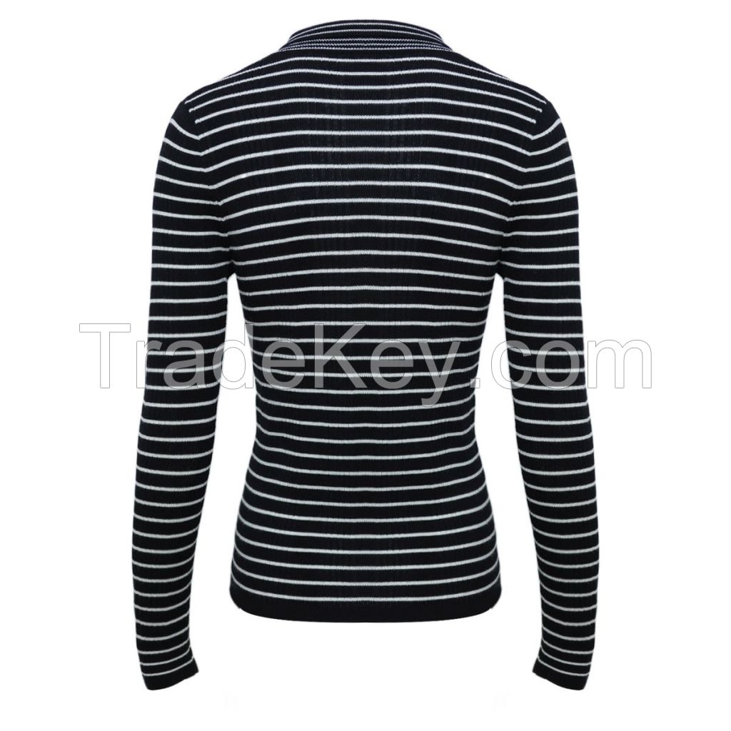 Trendy Style Fine Knit 16G Classic-Fit Polo-Collar Striped Button Lapel Merino Wool Women&amp;#039;S Knit Blouse Sweater