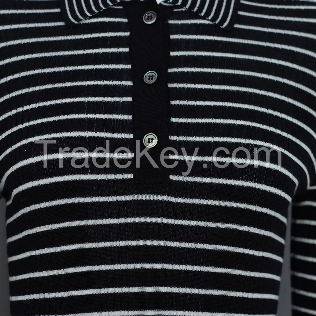 Trendy Style Fine Knit 16G Classic-Fit Polo-Collar Striped Button Lapel Merino Wool Women&amp;#039;S Knit Blouse Sweater