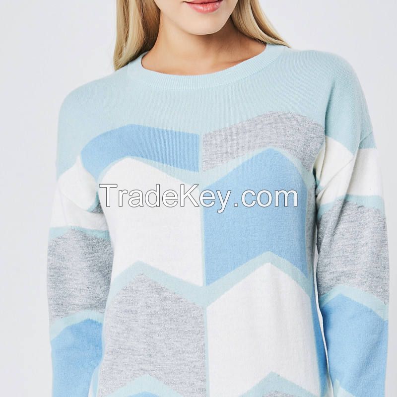 Wholesale Custom Handmade Autumn Crew Neck Wool Ladies Women Woolen Intarsia Jacquard Knit Sweater
