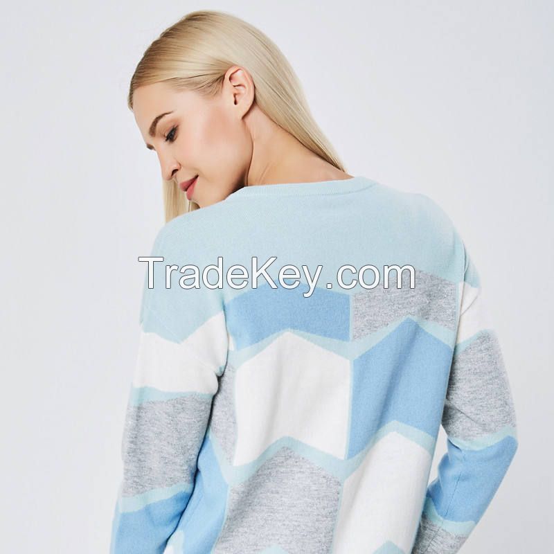 Wholesale Custom Handmade Autumn Crew Neck Wool Ladies Women Woolen Intarsia Jacquard Knit Sweater