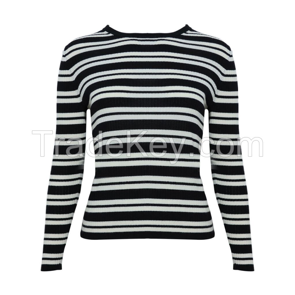 Factory direct sales Fine Knit 14G Rib Striped 100% Sheep Wool Knit Top Long Sleeve Basic Sweater Pullover