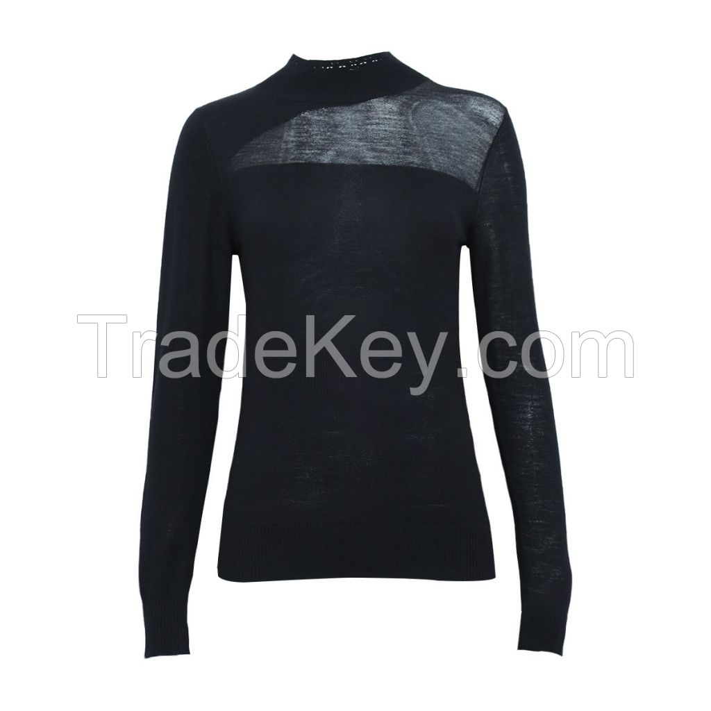 Factory Custom Ladies Lightweight Fine Knit 16g Plain Bell Sleeve Pure Wool Basic Sweater Knitted Top