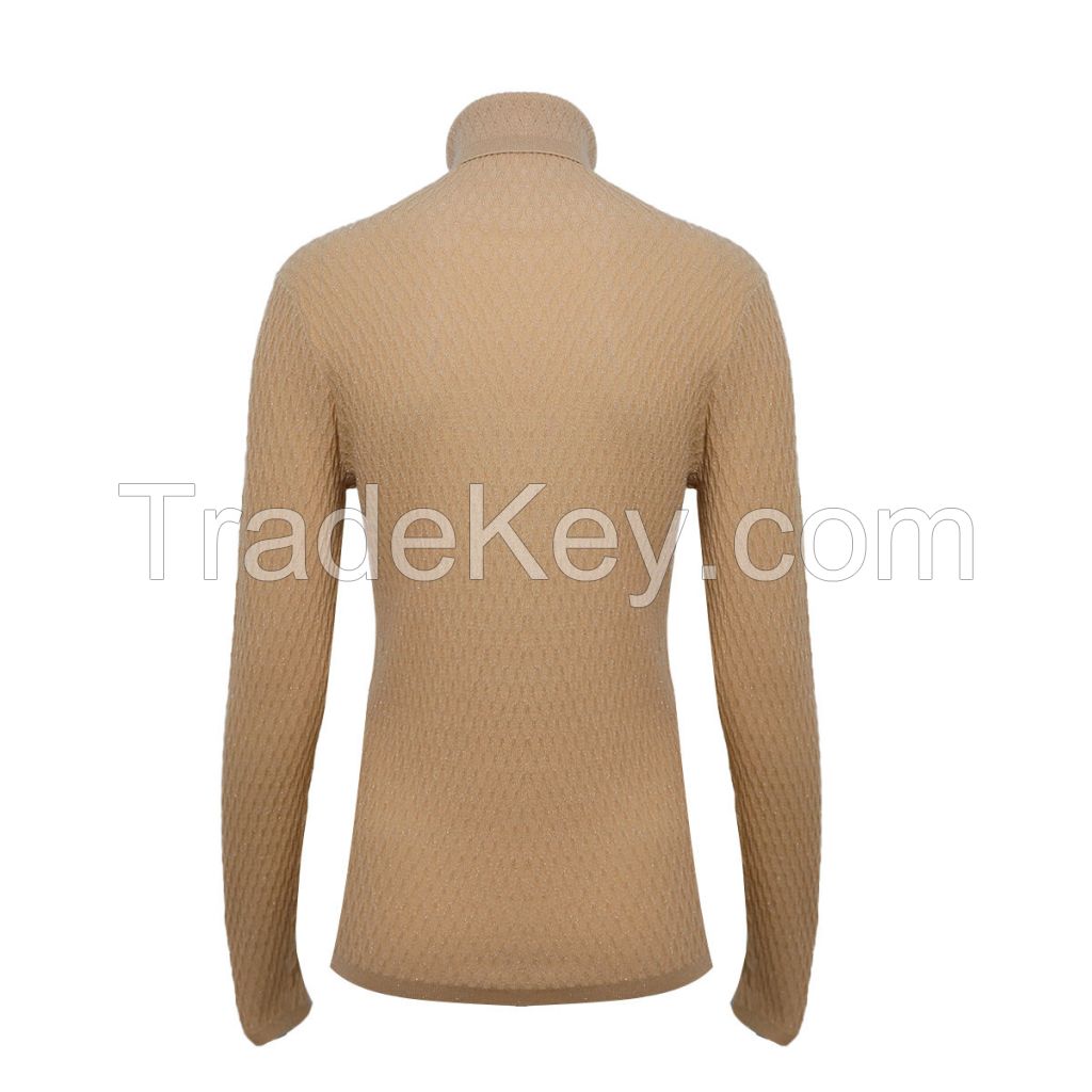 OEM Ladies Innerwear16G 3D Diamond Fine Knit Jacquard Long Sleeve Lurex Turtleneck Women Wool Basic Sweater