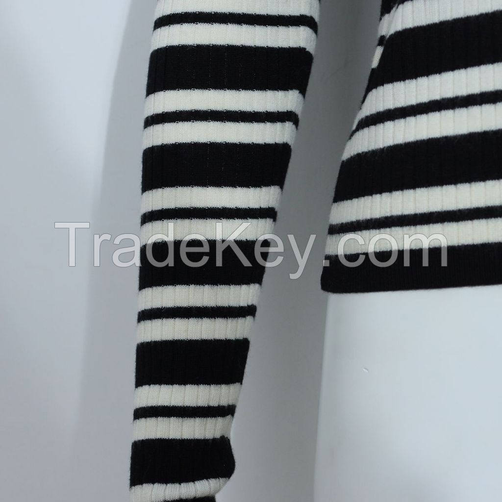 Factory direct sales Fine Knit 14G Rib Striped 100% Sheep Wool Knit Top Long Sleeve Basic Sweater Pullover